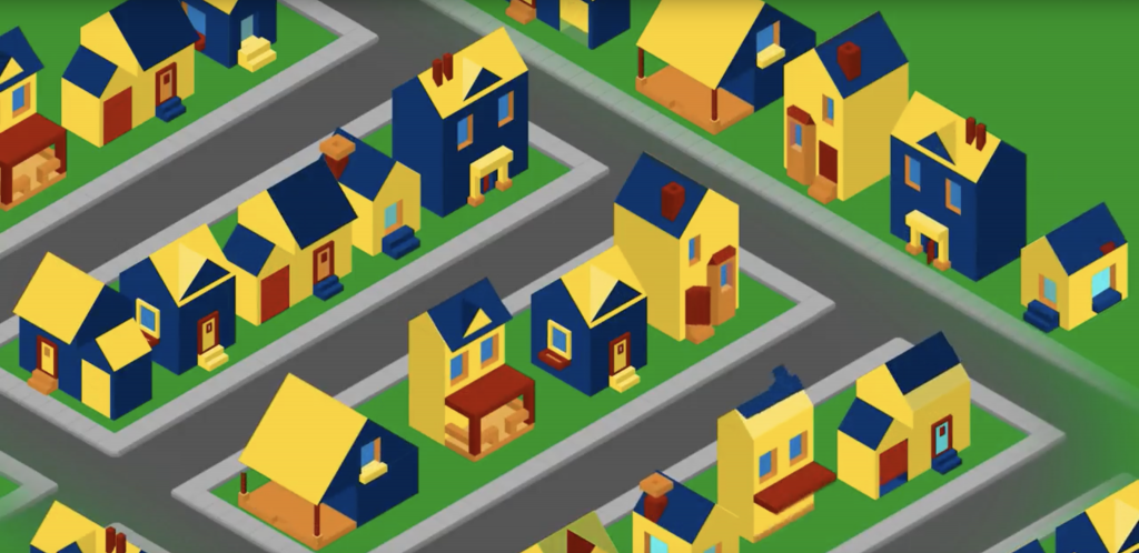 Graphic of a neighborhood filled with various types of blue and yellow houses.