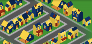 Graphic of a neighborhood filled with various types of blue and yellow houses.