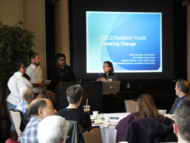 Morghan Williams, Scott Phillips, Zearia Chestang, and Katie Richards-Schuster present on Y2C2: Ypsilanti Youth Creating Change.