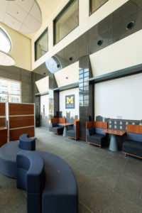 The foyer of the U-M Detroit Center on Woodward Avenue.