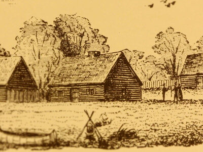 Yellowed image of a drawing of a log cabin in a field, with other neighboring log cabins nearby. Three figures distant stand near each other. In the foreground, pot hanging above a fire emits steam.