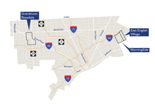 Map of Detroit, highlighting Grandmont Rosedale, Morningside, and East English Village