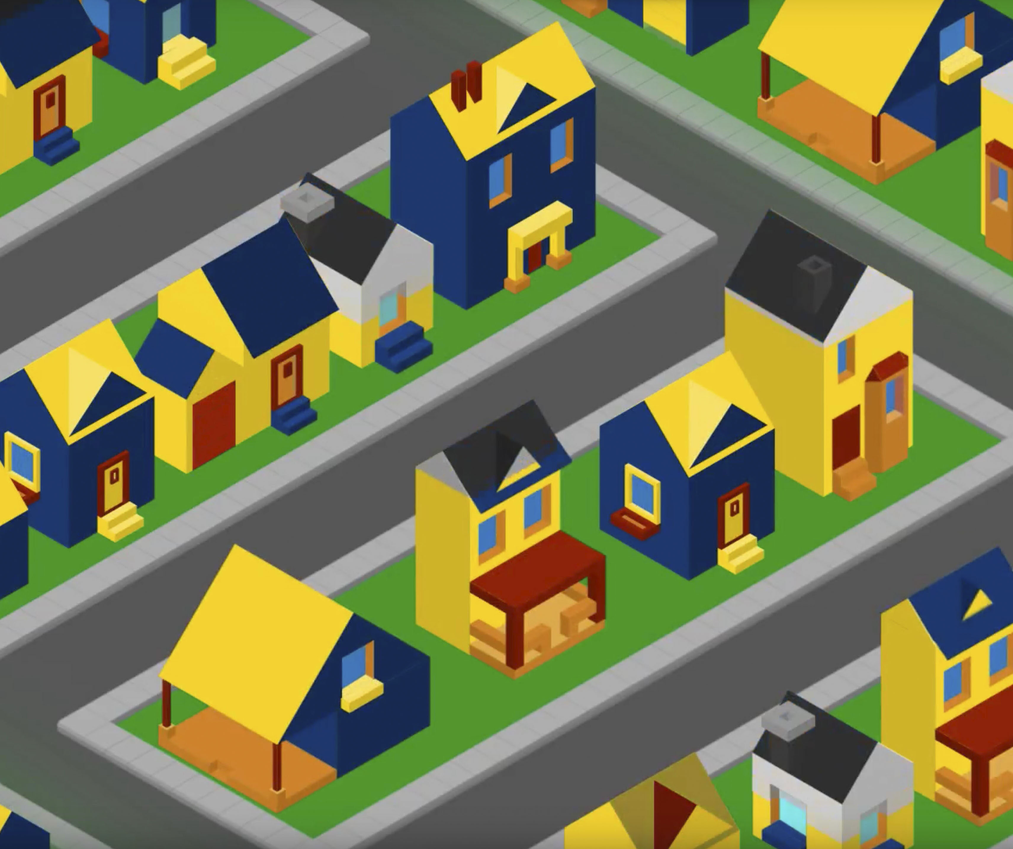 Graphic of a neighborhood filled with various types of blue and yellow houses.