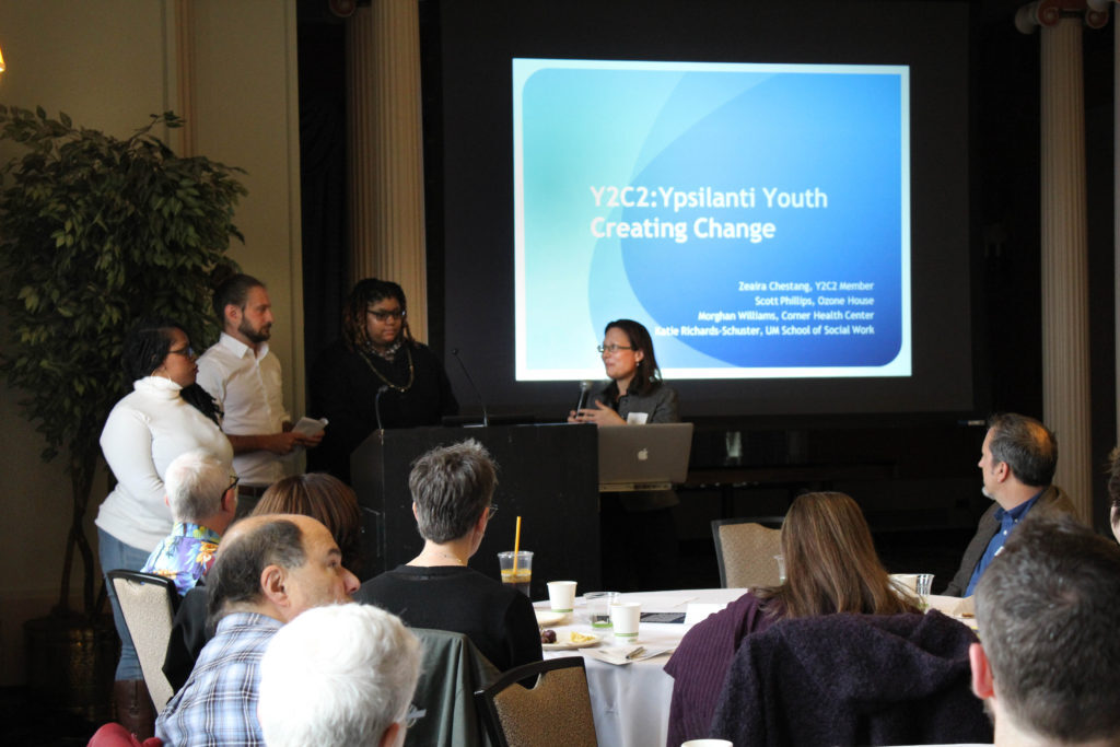 Morghan Williams, Scott Phillips, Zearia Chestang, and Katie Richards-Schuster present on Y2C2: Ypsilanti Youth Creating Change.